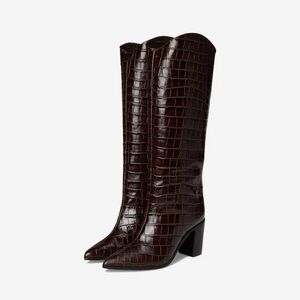 Schutz Maryana Knee-High Croc-Embossed Boots – Brown Leather | Size 7.5B